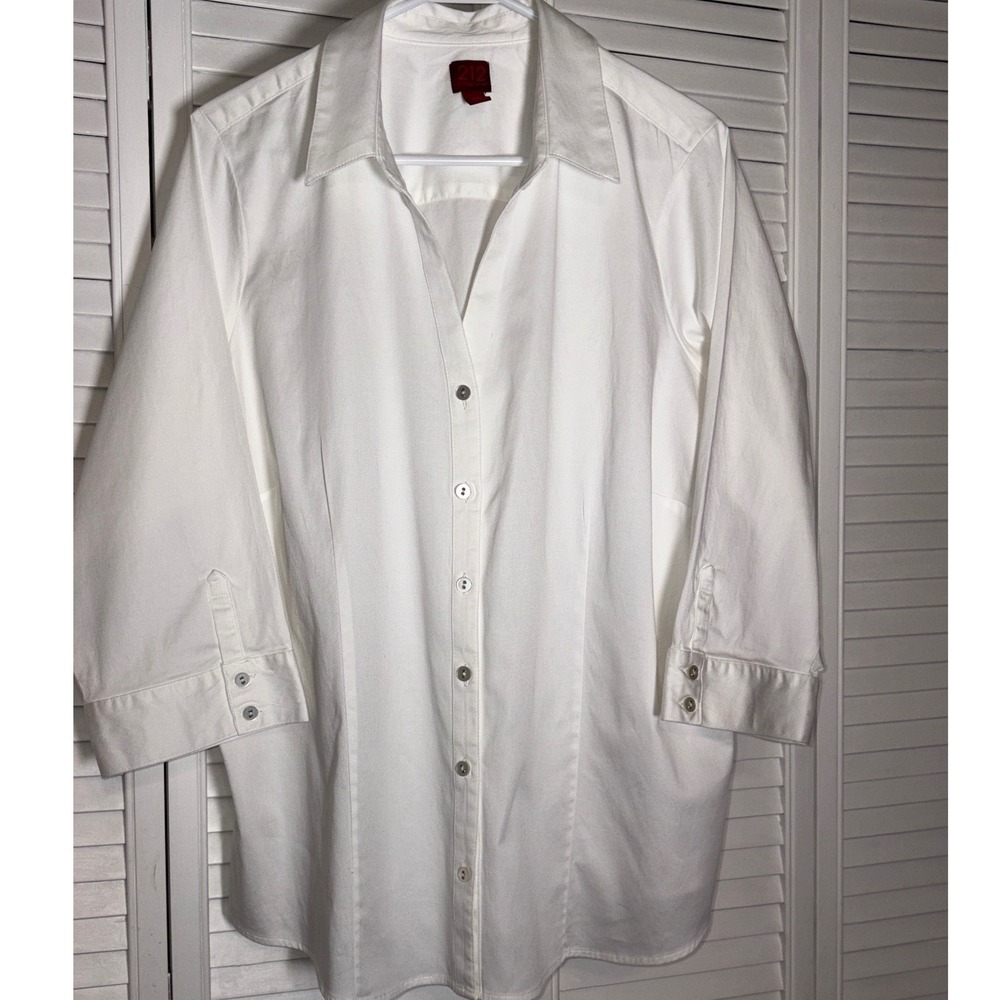 212 Collection Womens 2X White Stretch Button Down Shirt 3/4 Sleeve Blouse